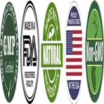 FDA-registered facility emblem, a statement about the factory