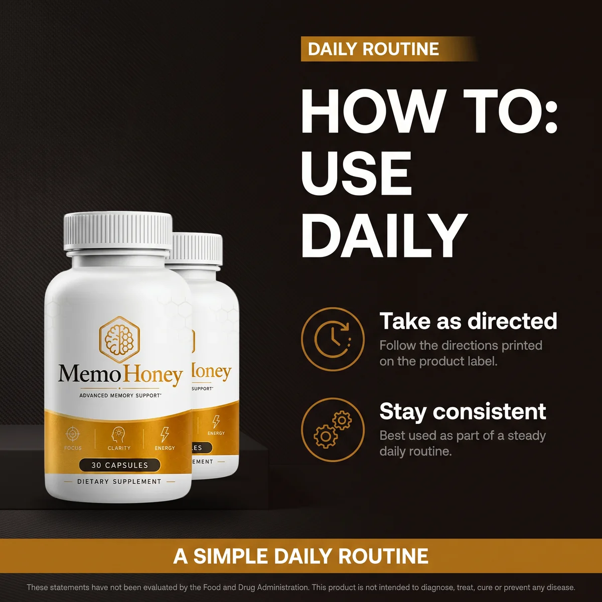 MemoHoney listing card: how to use daily, take as directed, stay consistent