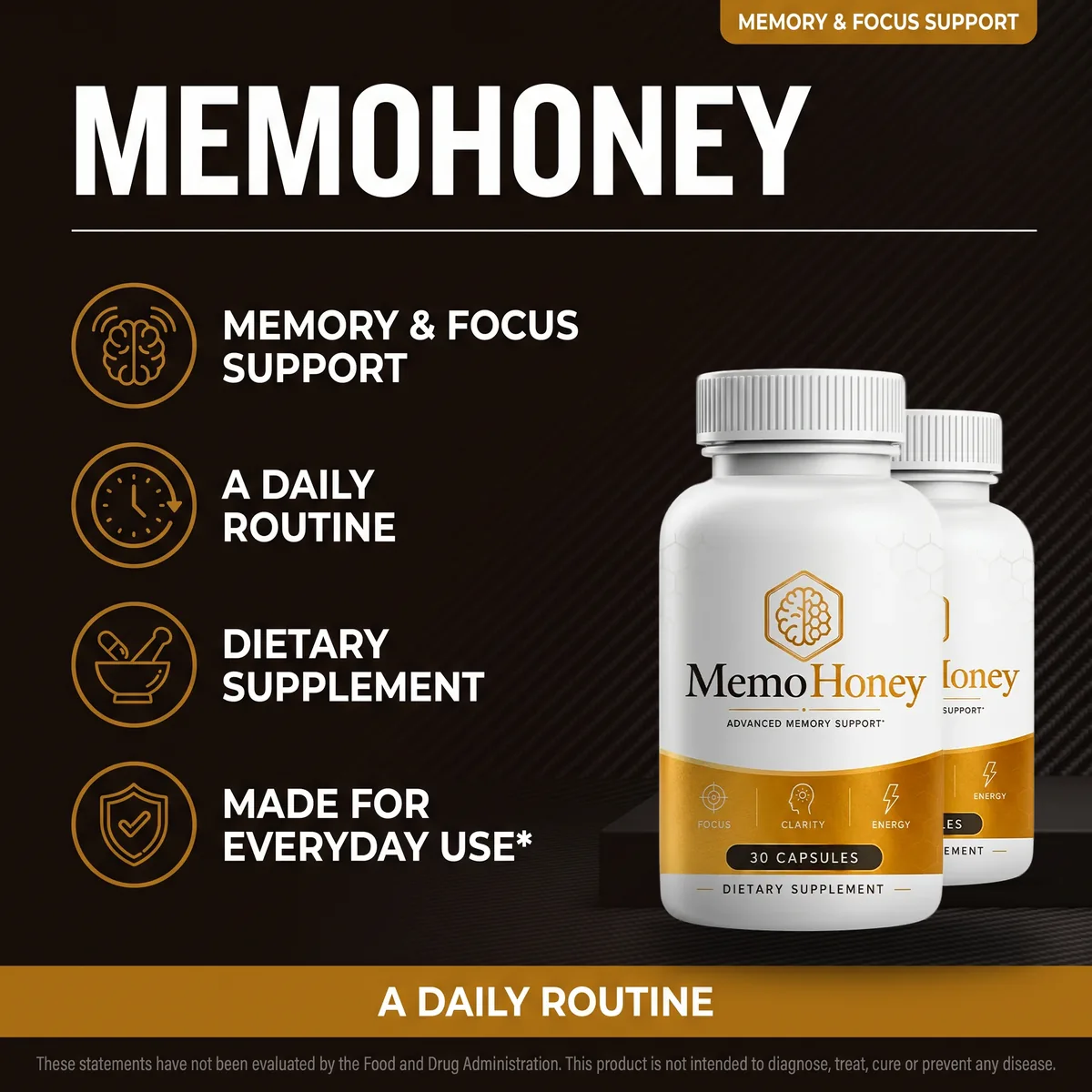 MemoHoney listing card: memory and focus support, a daily routine, dietary supplement, made for everyday use