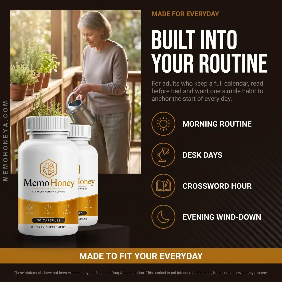 MemoHoney listing card: an older woman watering herbs on a porch, with morning routine, desk days, crossword hour and evening wind-down