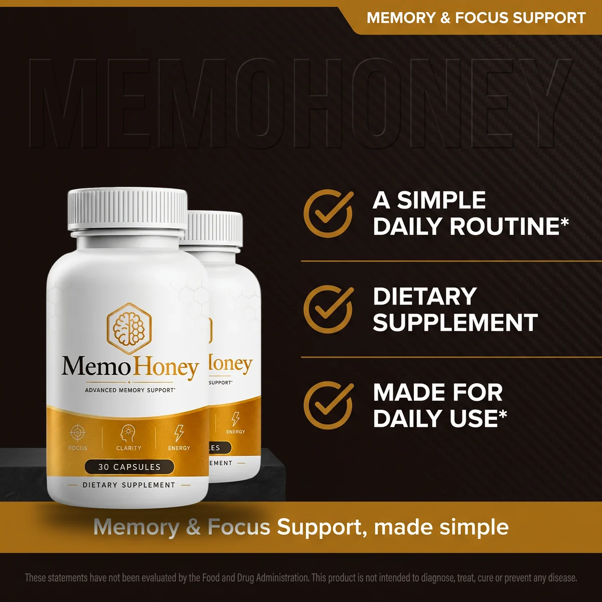 MemoHoney listing card: a simple daily routine, dietary supplement, made for daily use