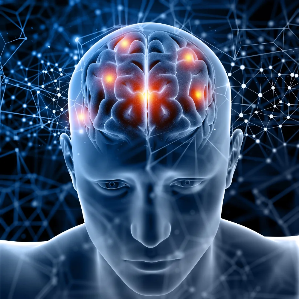 Illustration of a human head with the brain's neural network lit up