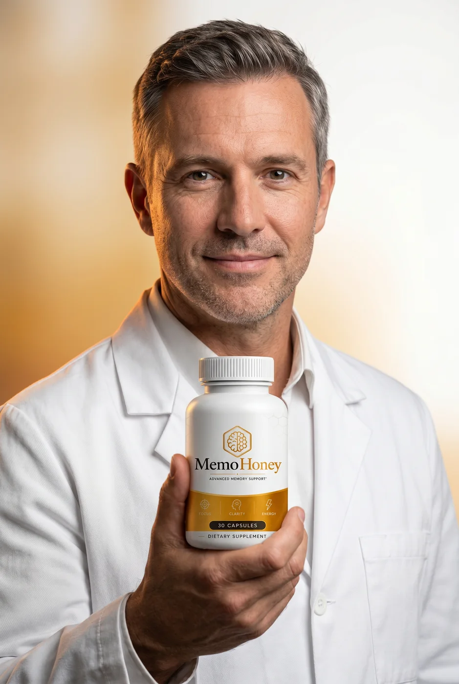 Marketing photograph of a person in a white coat holding a MemoHoney bottle