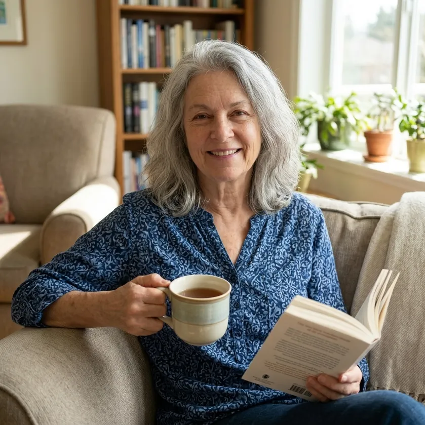An older woman reading with a cup of coffee at home