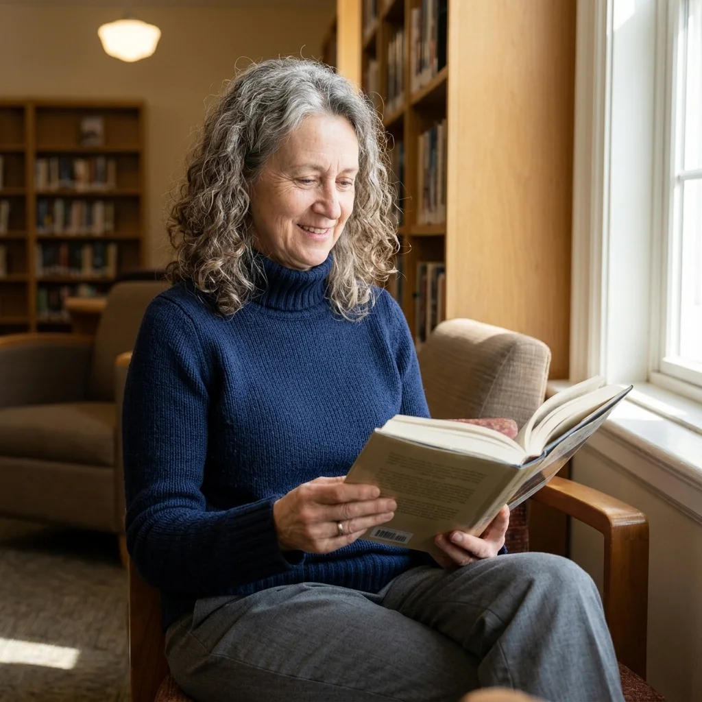 A woman reading a book beside a bookshelf in daylight