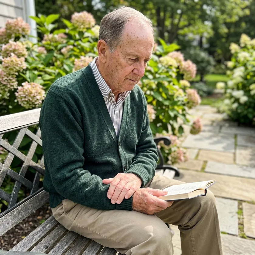 An older man reading a book on a garden bench