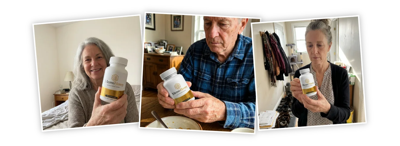Manufacturer's marketing collage of three customers holding MemoHoney bottles