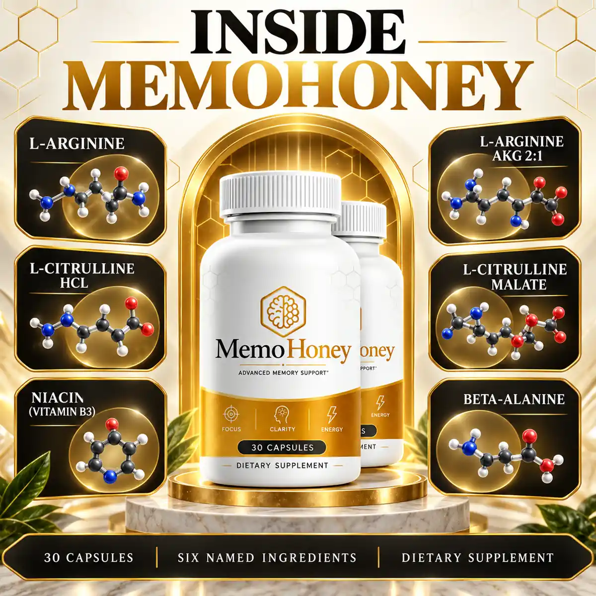 The vendor's INSIDE MEMOHONEY graphic, six ingredient tiles around two bottles